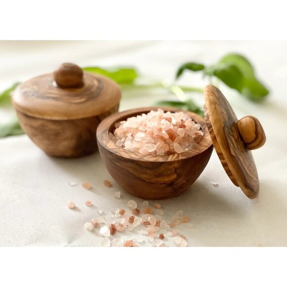 Natural OliveWood Other - Olive Wood Salt Spice Jar Bowl Lid Covered Container Small ITALY Natural New